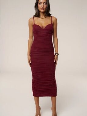 JLUXLABEL Burgundy Ruched Bodycon Midi Dress